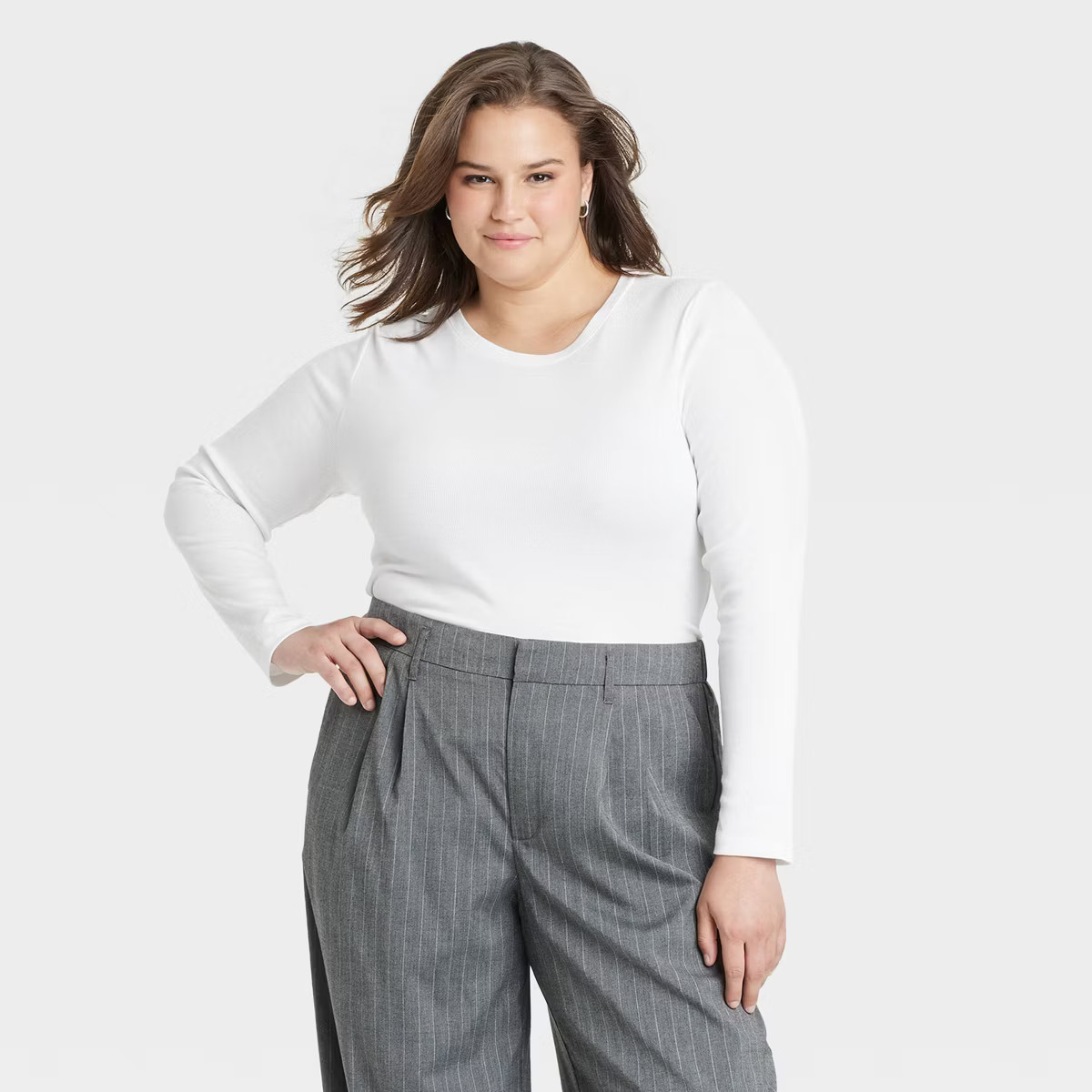 Women's Slim Fit Long Sleeve Ribbed T-Shirt - A New Day™ White XXL | Target