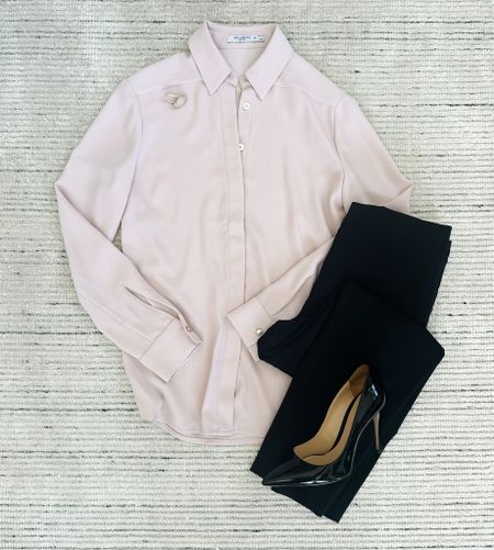 Business casual fall outfit with pink button down top paired with black stretchy work pants and pumps for a chic look. Perfect for fall workwear! Use code HKCUNG20 for 20% off your first full priced order on both the top and bottoms 

#LTKsalealert #LTKworkwear #LTKstyletip