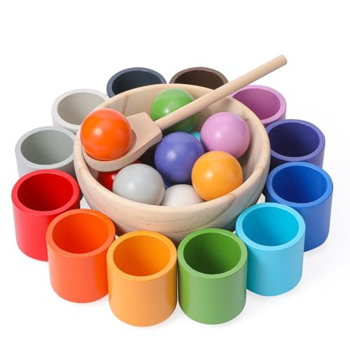 KKUYT Balls in Cups Montessori Toy Wooden Sorter Game Toys with 12 Rainbow Balls 35mm for Toddlers Age 1-3, Preschool Learning Education Toy for Toddler & Baby Color Sorting Matching and Counting | Amazon (US)
