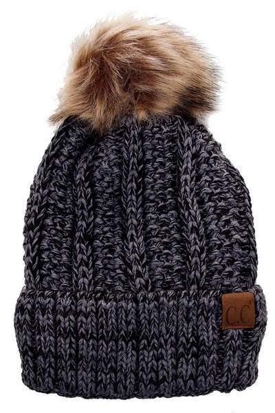 CC Beanie Fuzzy Lined Fur Pom Beanie in Black Mix | Glik's