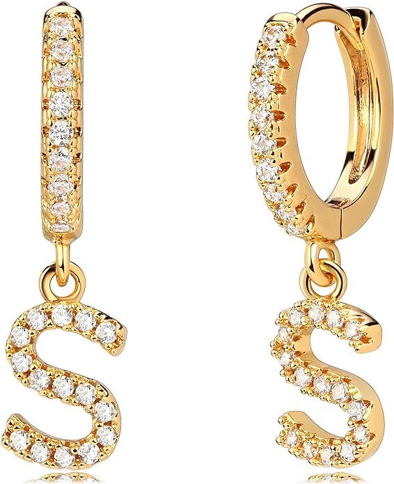Mevecco 18K Dainty Gold Filled Pave Cubic Zircon Letter Charm Huggie Hoop Earrings Wear Initials ... | Amazon (US)