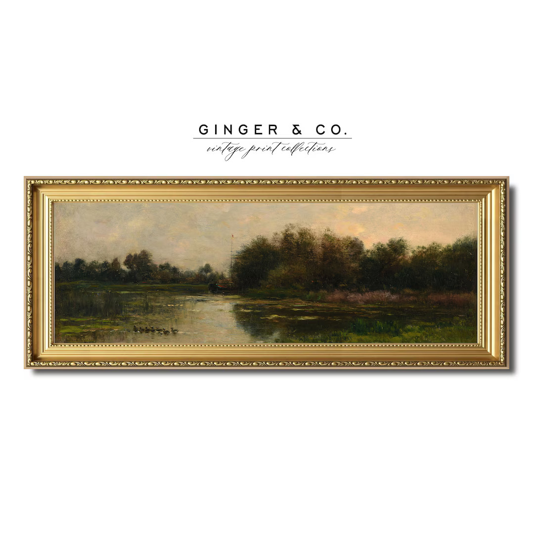 Moody Panoramic Landscape Print - Vintage Oil Painting, Pond with Marshes, French Country Cottage... | Etsy (US)