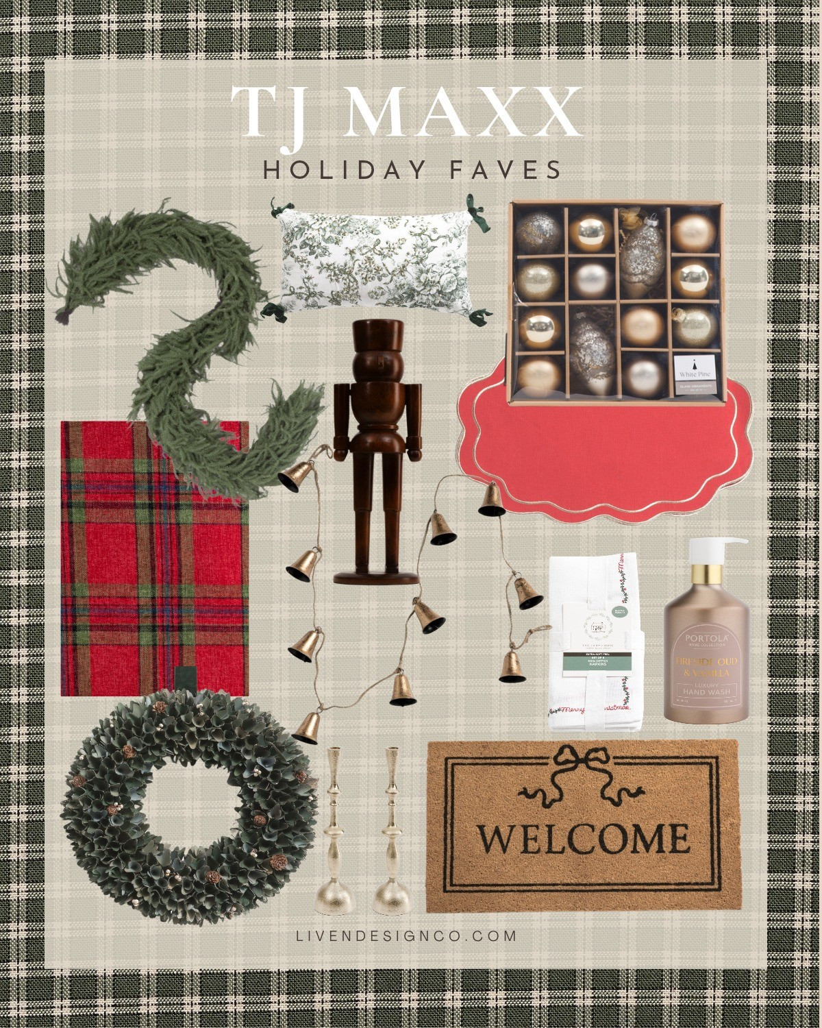 TJ Maxx Holiday home decor. Christmas decor. Garland. Ornaments. Doormat. Wreath. Hanging bells. Christmas table setting. Holiday hand soap. Tartan throw blanket 

#LTKHoliday #LTKSeasonal #LTKHome