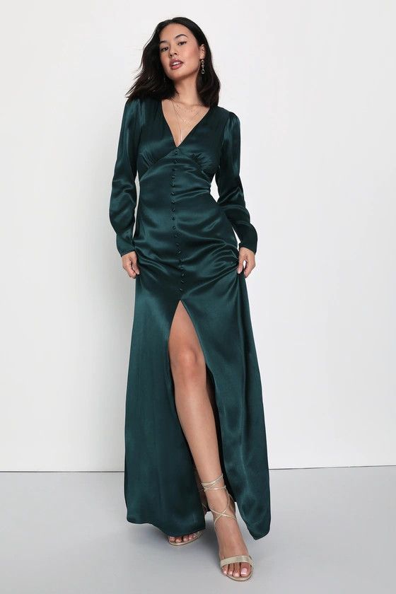 Lovely Essence Emerald Green Satin Long Sleeve Maxi Dress Holiday Gala Dress #LTKwedding | Lulus (US)
