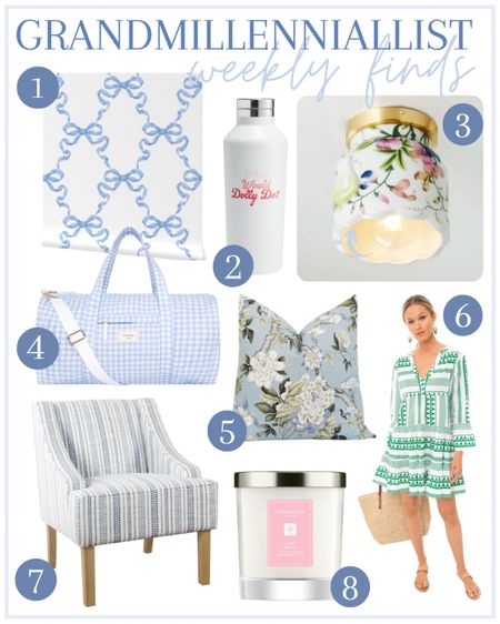 Grandmillennial Weekly Favs

Blue bow wallpaper 
What Would Dolly Do tumbler
Ceramic painted flush mount 
Blue and white travel bag
Floral pillow decor 
Tuckernuck resort dress
Target style armchair 
Jo Malone candle rose 

#LTKstyletip #LTKFind #LTKhome