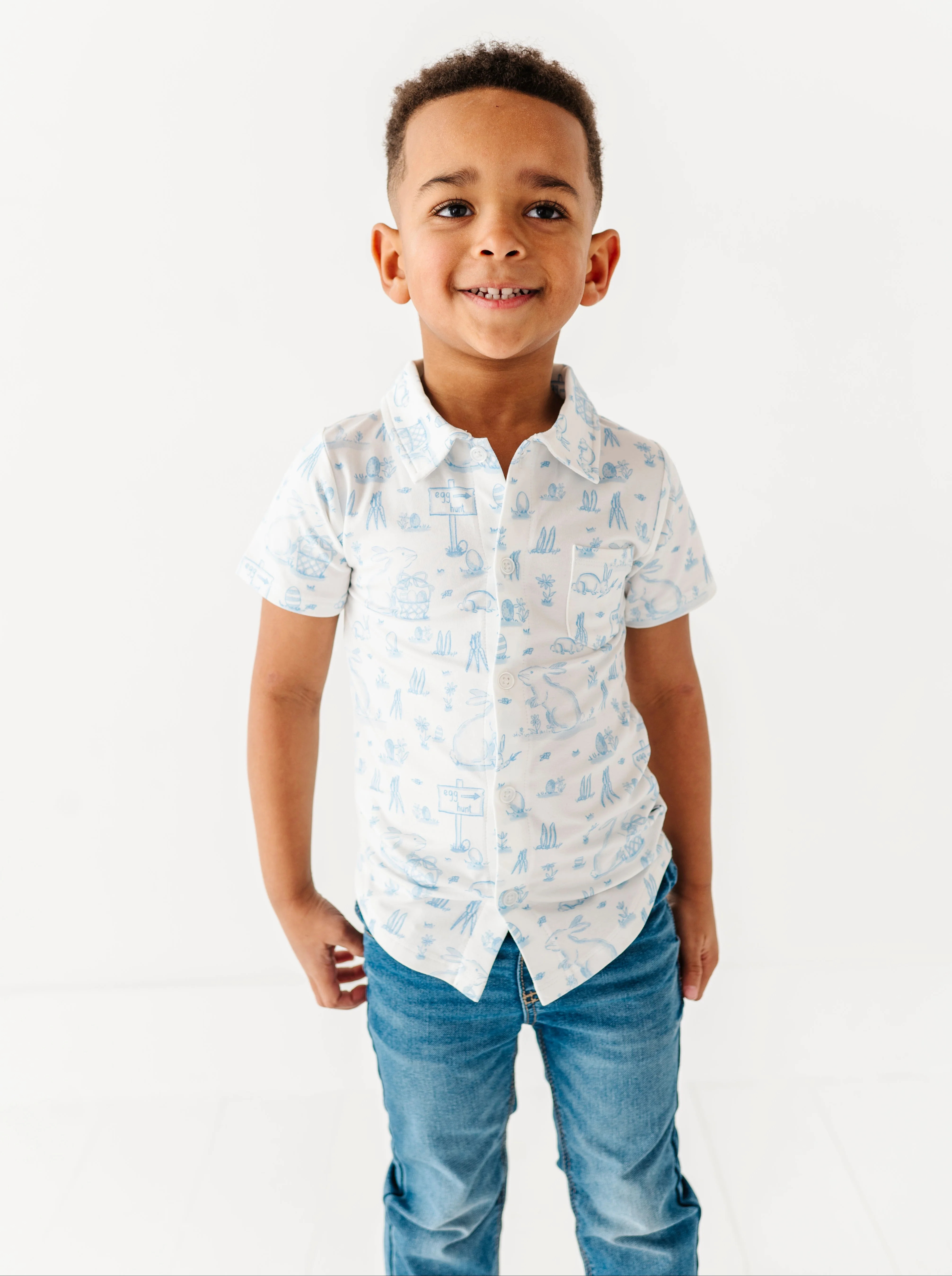 Blue Bunny Toile Polo Shirt | Birdie Bean