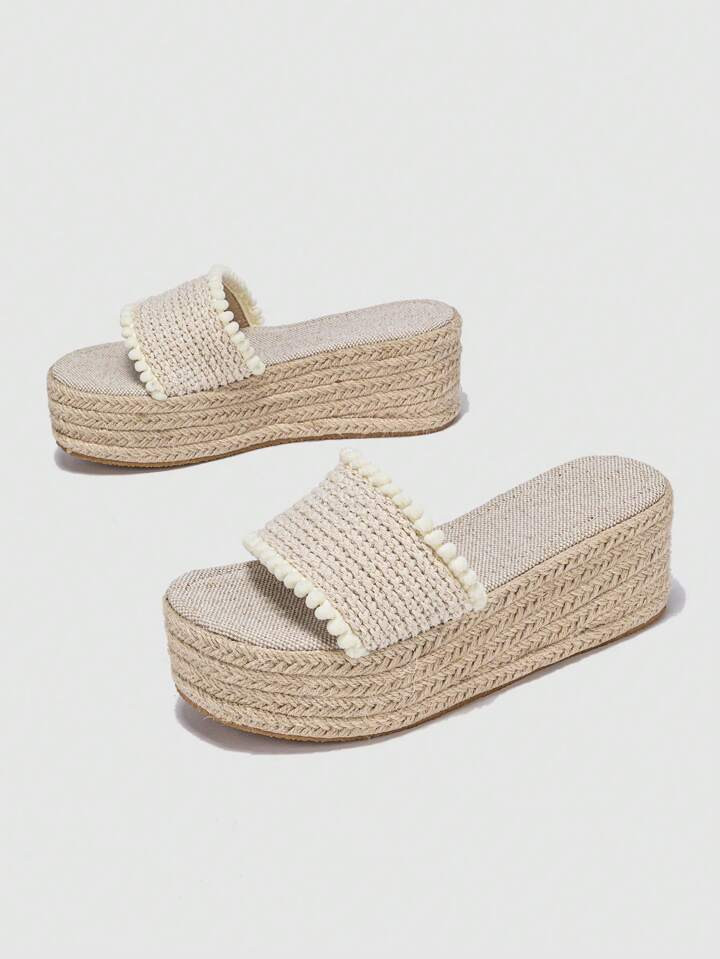 Women Pom Pom Trim Sandals, Vacation Summer Wedge Slide Sandals | SHEIN