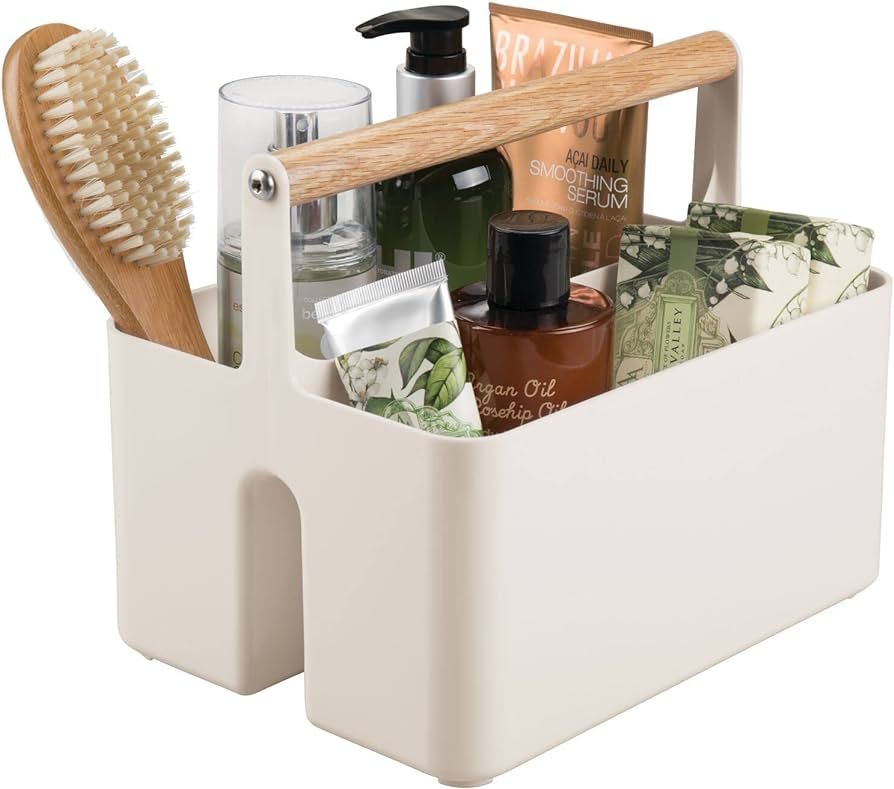 mDesign Plastic Portable Nursery Organizer Caddy Tote, Divided Basket Bin with Natural Oak Handle... | Amazon (US)