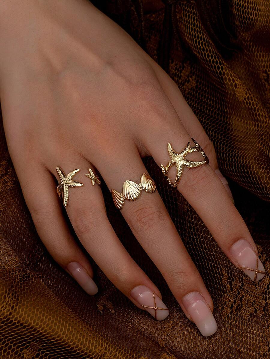 3 Pcs Summer Vacation Beach Sea Star Starfish Design Golden Color Rings Set For Women | SHEIN