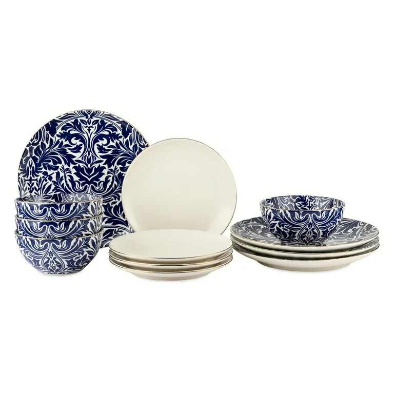Thyme & Table Nova 12-Piece Ceramic Dinnerware Set Blue and White | Walmart (US)