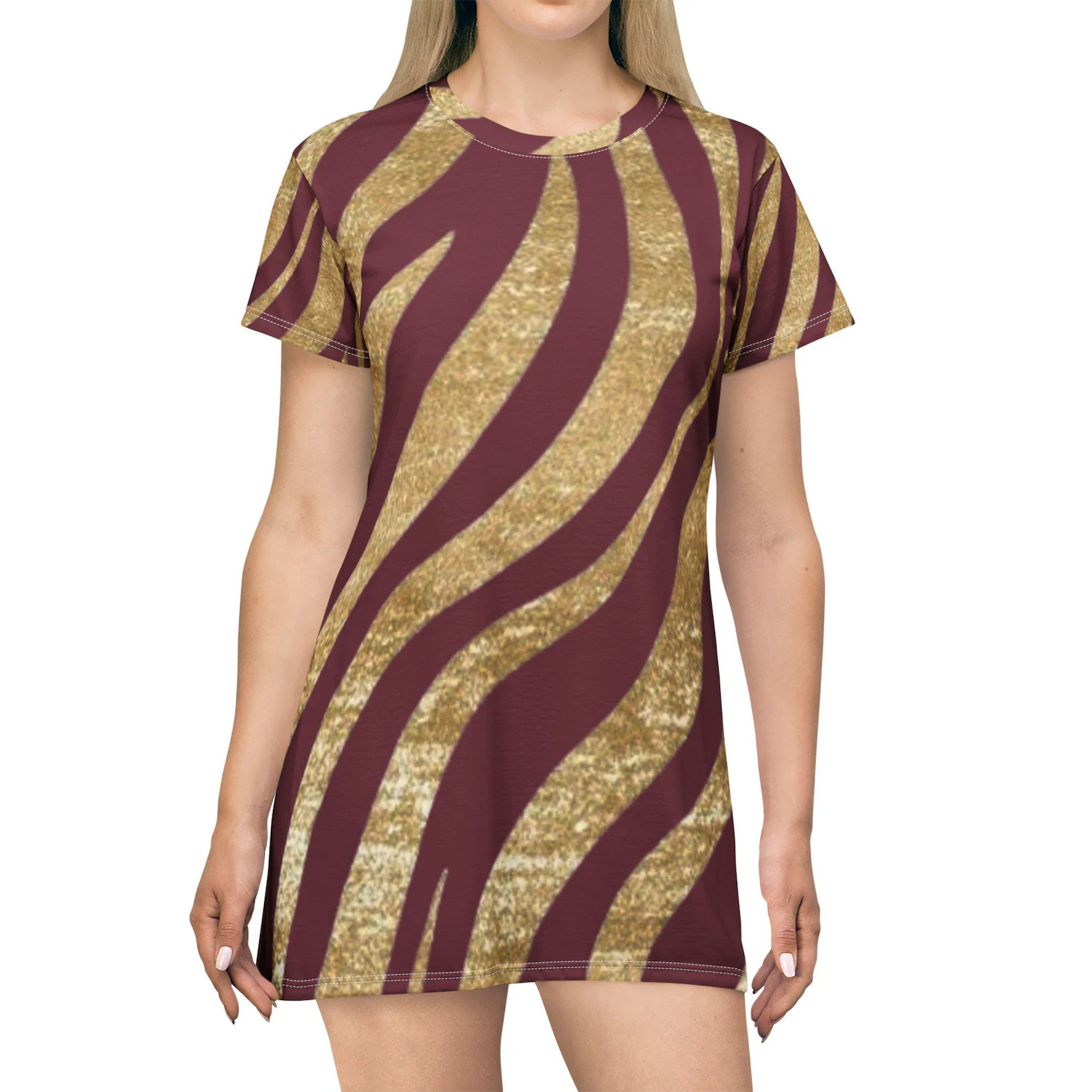 Gold Zebra Stripe T-Shirt Dress | Burgundy Metallic Animal Print | Etsy (DACH)