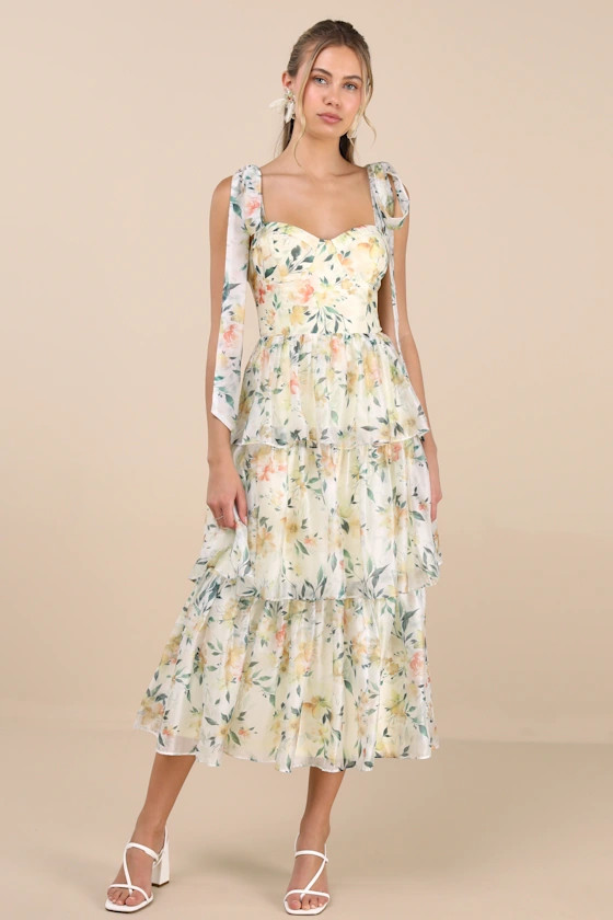 Svea Light Yellow Floral Tiered Tie-Strap Midi Dress | Lulus