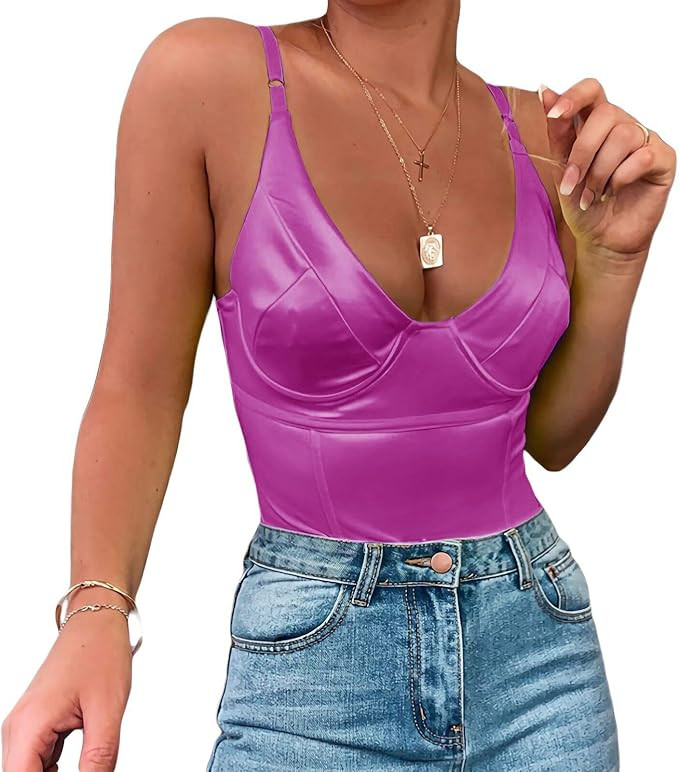 Velius Women's Sexy Deep V Neck Shiny Thong Bodysuit Tank Tops with Underwire | Amazon (US)