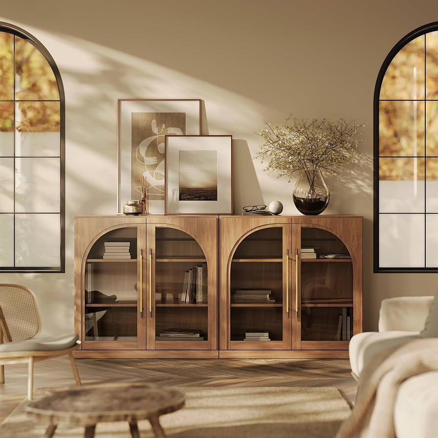 BELLEZE Set of 2 Modular Sideboard with Arched Glass Door, Accent Display Buffet Cabinet with Sto... | Amazon (US)