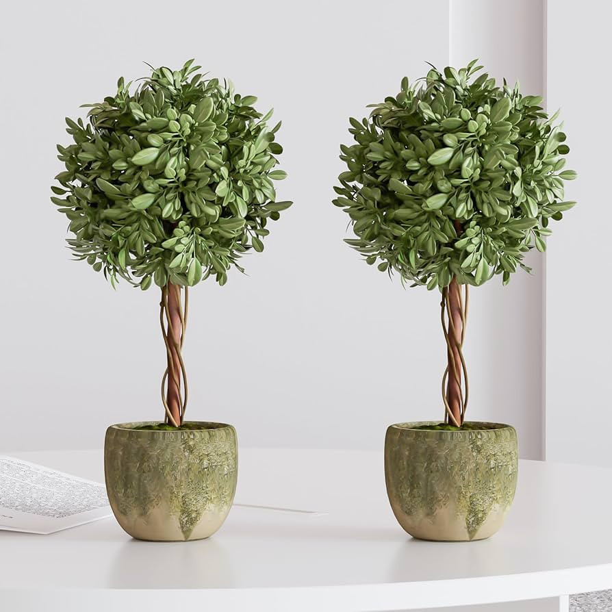Fake Plant Boxwood Trees, 13Inch Artificial Boxwood Ball Topiary Trees with Concrete Pots, UV-Res... | Amazon (US)