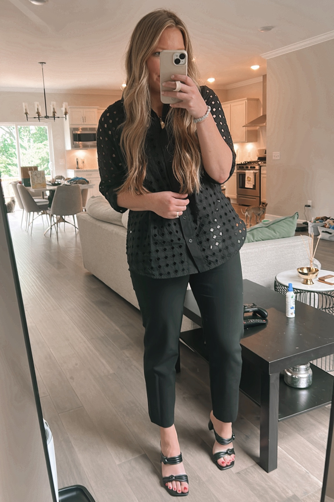 Summer black work outfit 
Black button down - sz M
Ankle pants - sz 8
Black strappy sandal - 7.5

All tts

#LTKunder100 #LTKworkwear #LTKshoecrush