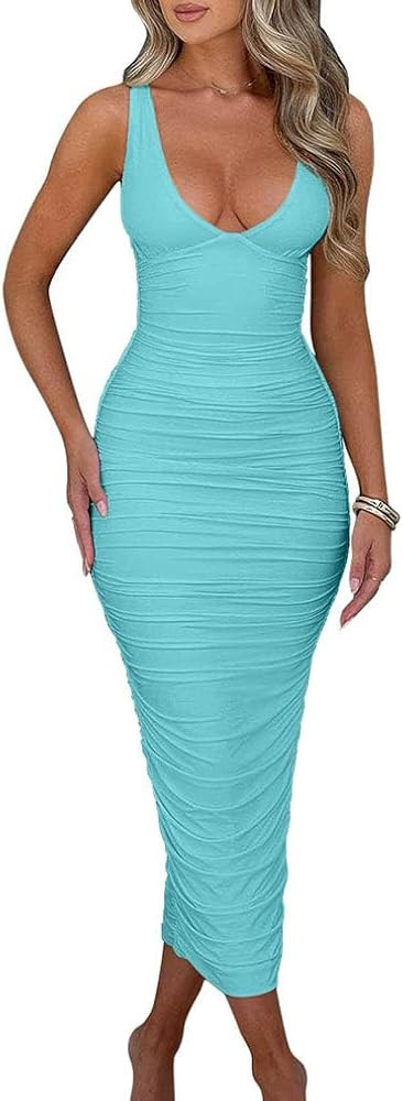 BEAGIMEG Women's Sexy Ruched Sleeveless Deep V Elegant Cocktail Evening Party Maxi Dress | Amazon (US)