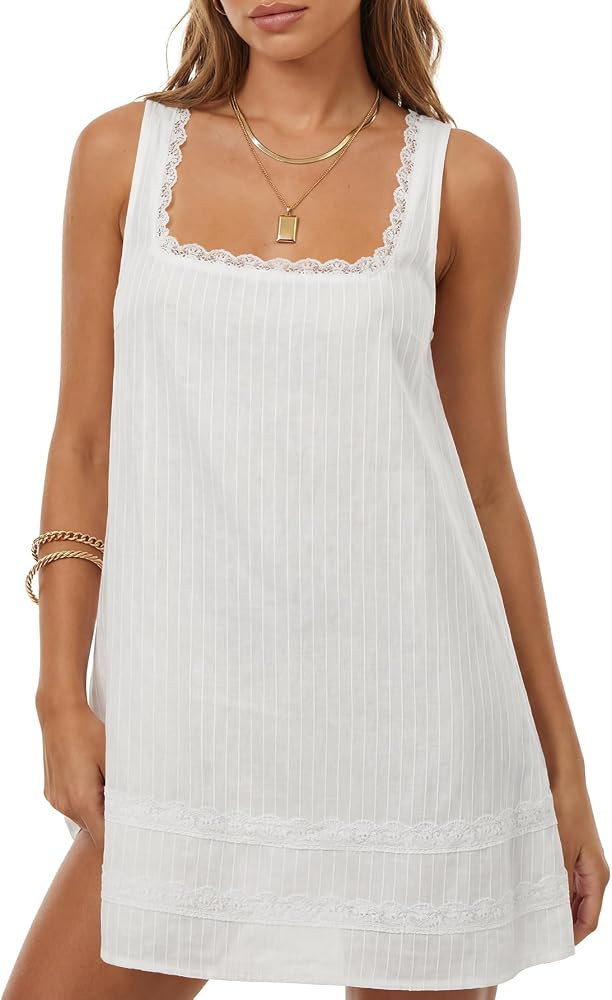 Rooscier Women's Lace Trim Square Neck Mini Dress | Amazon (US)