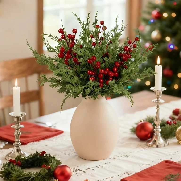 Scidweet 60 Pcs Christmas Greenery Decorations, Artificial Pine Branches with Red Berry Stems, Fa... | Walmart (US)
