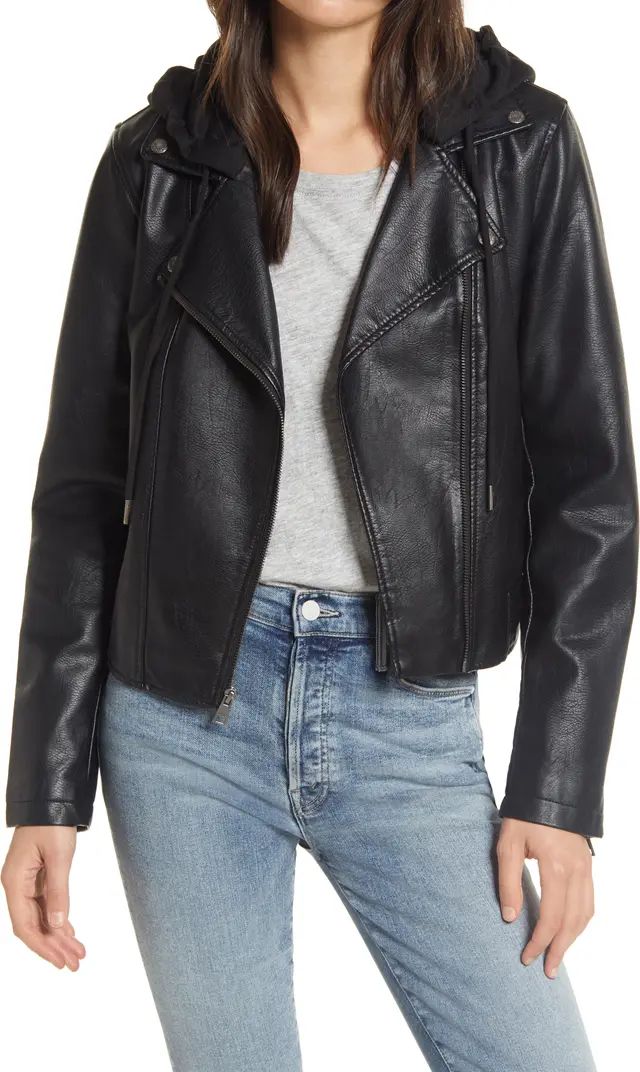 Fleece Hood Faux Leather Moto Jacket | Nordstrom Rack