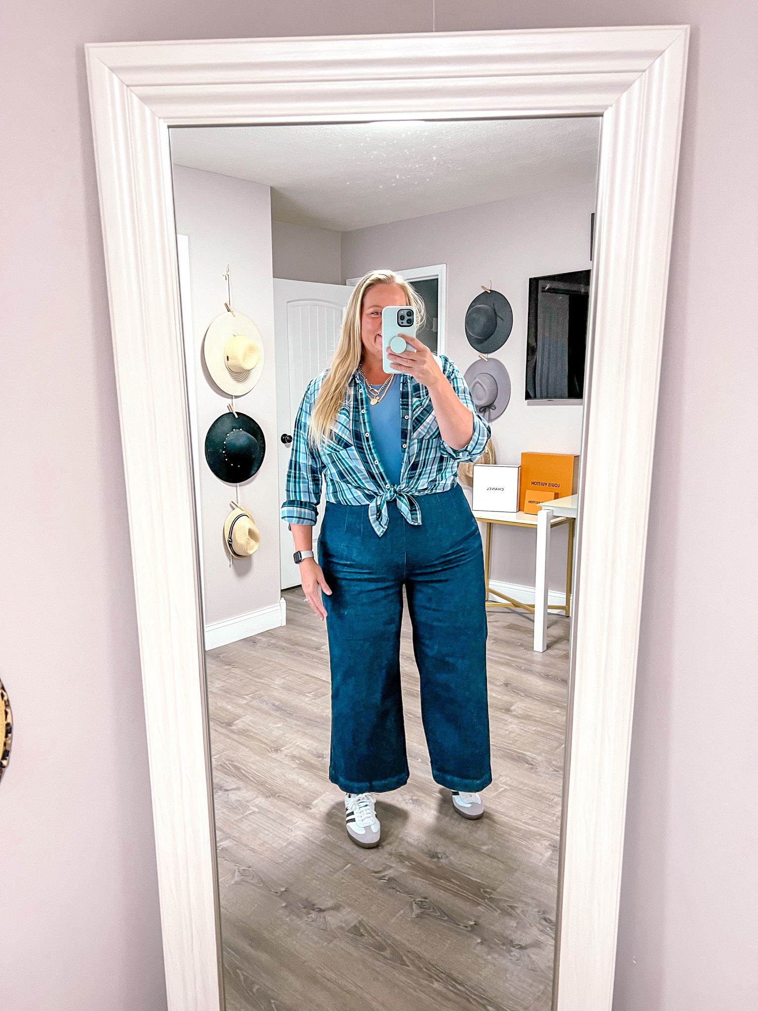 Styled these wide leg cropped jeans a more casual way with my comfy sneakers, bodysuit, and plaid shirt. 

I’m 5’7” / 250 lbs and wearing a 2X in the jeans, XXL in bodysuit. Shoes fit TTS and plaid is older so linking similar options. 

Size 18
Size 20 
Plus size outfit idea
Fall outfit 
Casual jeans outfit 
Jeans and sneakers 
Sneaker outfit 
Cozy outfit 
Plus size style 

#LTKOver40 #LTKPlusSize #LTKStyleTip