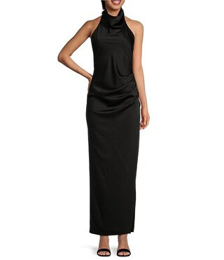 Yelena Satin High Mock Neck Sleeveless Long Sheath Dress | Dillard's