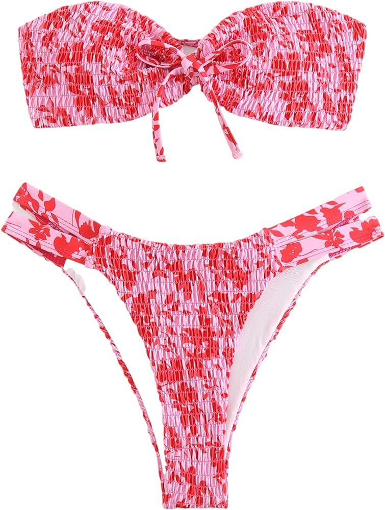 GORGLITTER Women's Strapless Bikini Set Floral Bow Bandeau Swimsuit String High Waisted Smocked B... | Amazon (US)