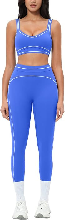 Women 2 Piece Workout U Back Color Block Sports Bra High Waist Tummy Control Active Leggings Yoga... | Amazon (US)