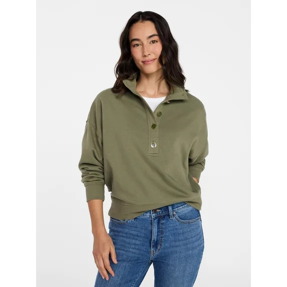 Time and Tru Women's Quarter Button Fleece Top with Long Sleeves, Size XS-XXXL | Walmart (US)