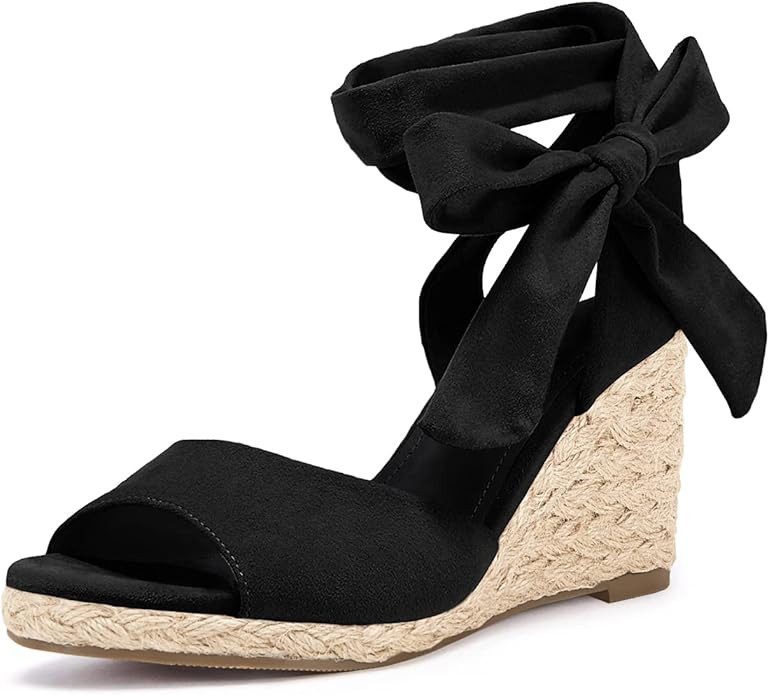 Womens Espadrilles Wedge Sandals Bow Dress Shoes Tie Lace Up Open Toe Party Wedges | Amazon (US)