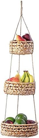 Hanging Fruit Basket Woven 3 Tier for Kitchen, Handmade Natural Rattan Handwoven Wicker Seagrass ... | Amazon (US)
