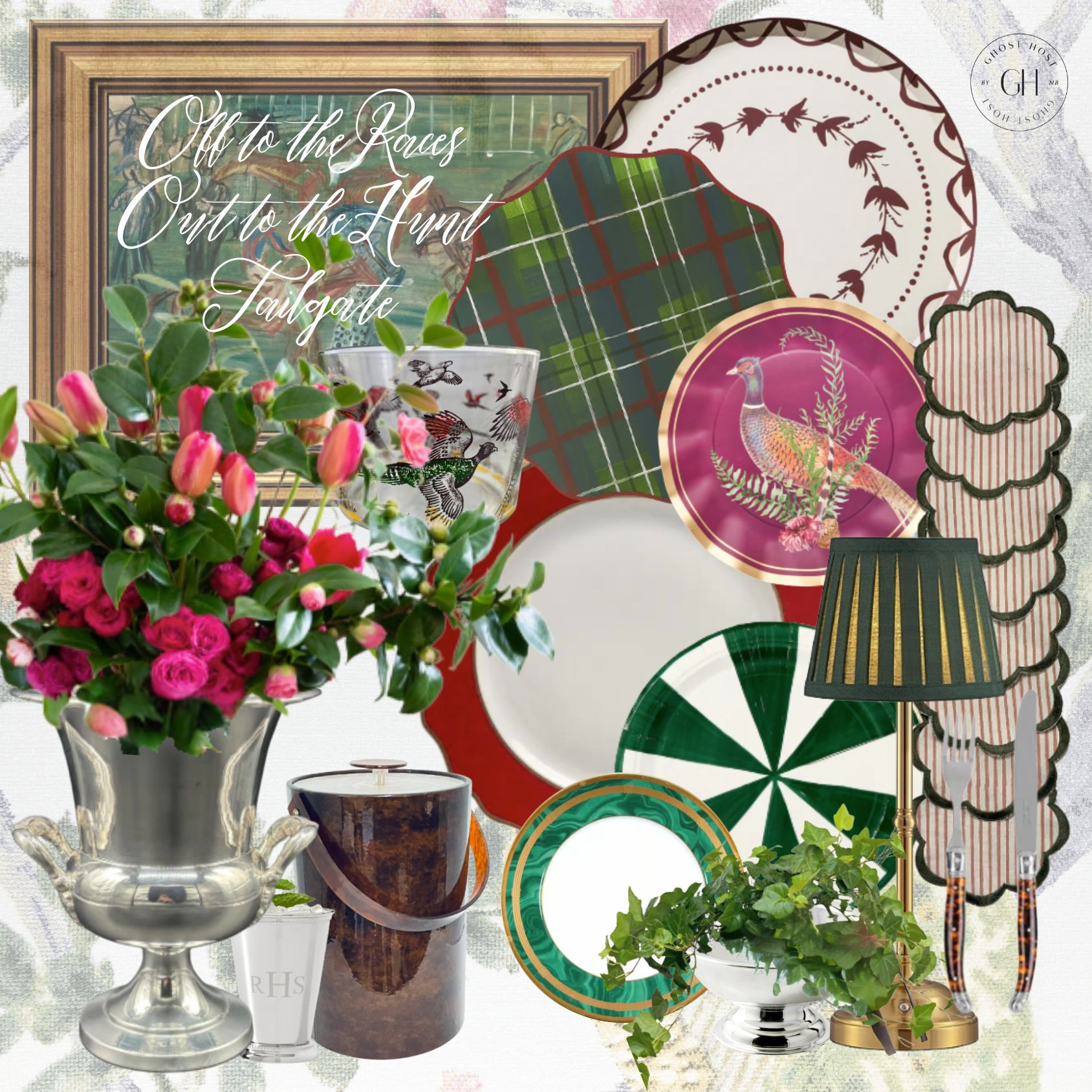 I love a good race inspired tailgate The pink camellias and flowers keep the red and green from going too holiday and the silver balances out with the uber chic paper plates. Of course I love a touch of tortoise and the vintage ice bucket does the trick!  

 