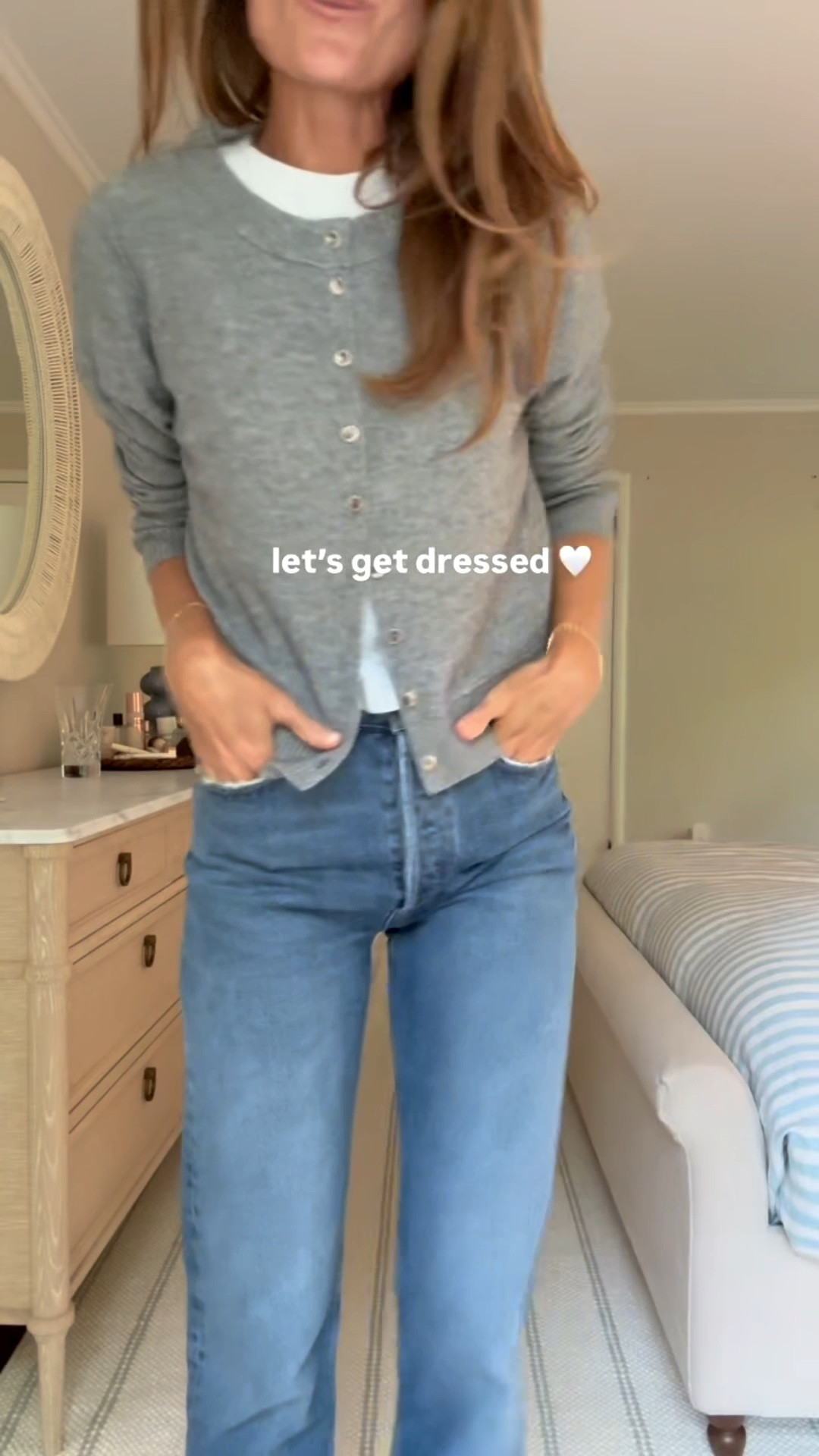 Let’s build the daily habit of getting dressed this Fall! Here is an outfit I’ll be reaching for on repeat for school drop off and working from home! FREE PEOPLE Nocturnal Solid Cardigan in the Silver color perfect for styling Fall outfits. So soft and sleek, this is such a cozy layering piece. Wearing a small TTS • AGOLDE 90’s my favorite pair of jeans (as you know if you’ve been following for a while). Darker wash than I’ve been wearing to transition to Fall. Wearing my true size 25 • J. Crew Relaxed Premium-Weight cropped T-Shirt is also a staple. Perfect amount of weight and boxiness. Wearing an XS • AALLYN Jolina bucket tote is a beautiful warm brown with subtle gold lettering. I get asked about this bag so much. Great for work or on the go. Giving serious Hermes vibes. • Margaux Wrap Sandals can be work all the way into Fall before it gets too cold. • BaubleBar and Dorsey bracelets perfect for when you roll up your sleeves. Have a great Tuesday! 

#LTKStyleTip #LTKSeasonal #LTKWorkwear