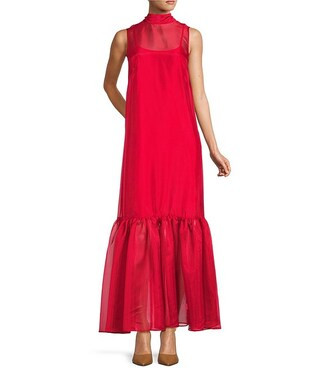 Uma Sleeveless Tie Back Turtle Neckline Organza Maxi Dress | Dillard's