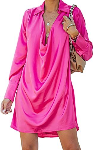 Halfword Satin Shirt Dress for Women Sexy Casual Deep V Neck Long Sleeve Button Down Loose Mini T Sh | Amazon (US)