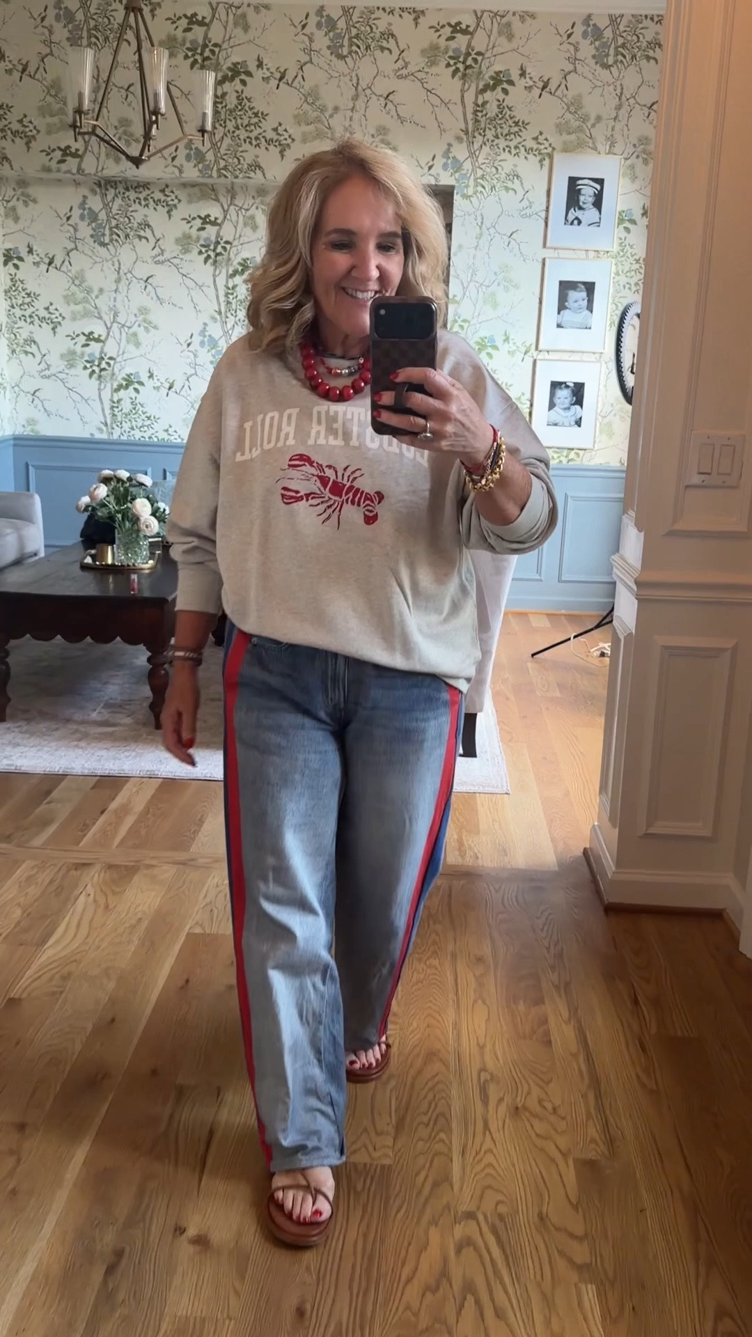 Eek I love this sweatshirt. I sized up to a large. 
Sweatpant jeans size small 20% off code SUSIEW20

Casual 4th outfit