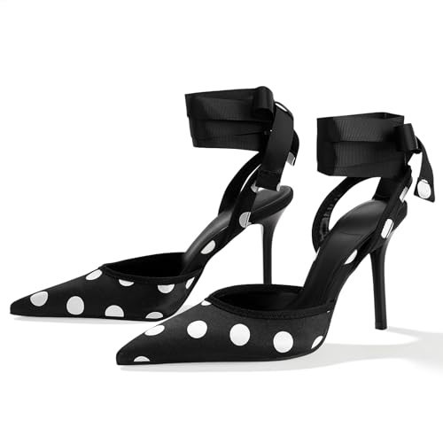 baobeijiadao Polka Dot Heels for Women Pointed Toe Pumps Lace Up Satin Heeled Sandals Womens Stiletto Heel Shoes Evening Party Wedding Black | Amazon (US)