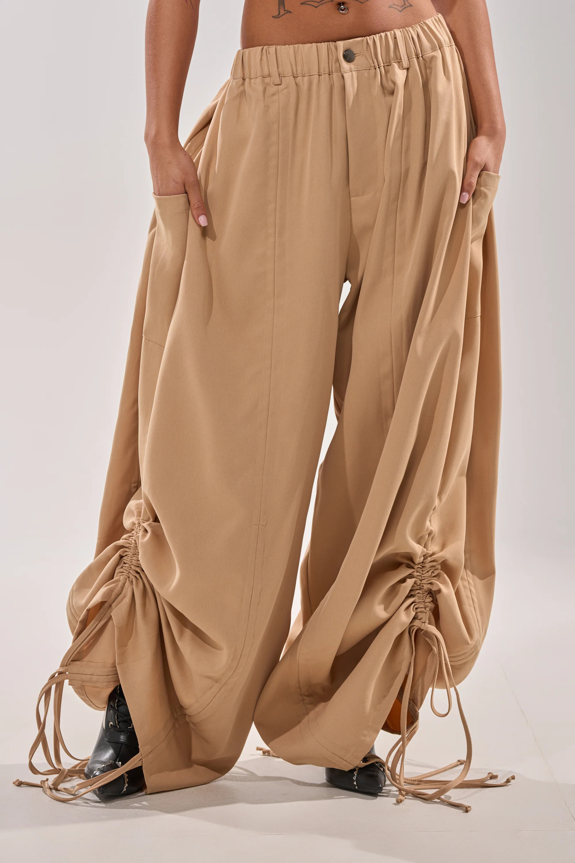 Ruched Barrel Leg Joggers in Khaki | AKIRA | AKIRA