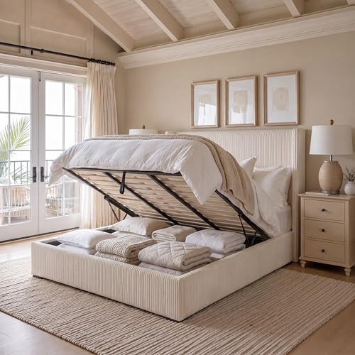 Brafab Lift Up Storage King Bed Frame, Corduroy Upholstered Platform Bed, Hidden Under-Bed Storage and Wingback Headboard | Amazon (US)