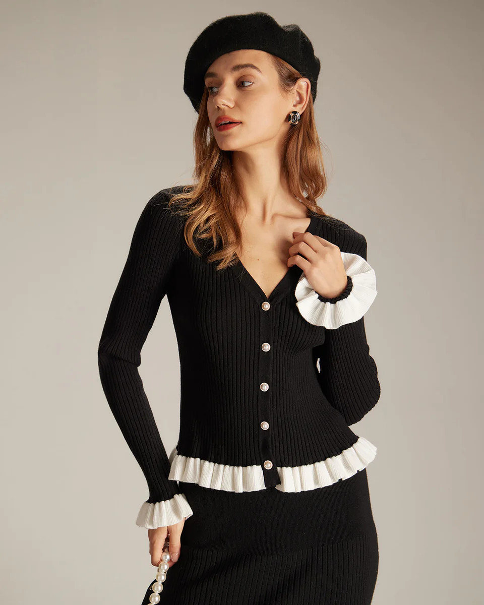 The Black V Neck Contrast Trim Ruffle Cardigan | rihoas.com