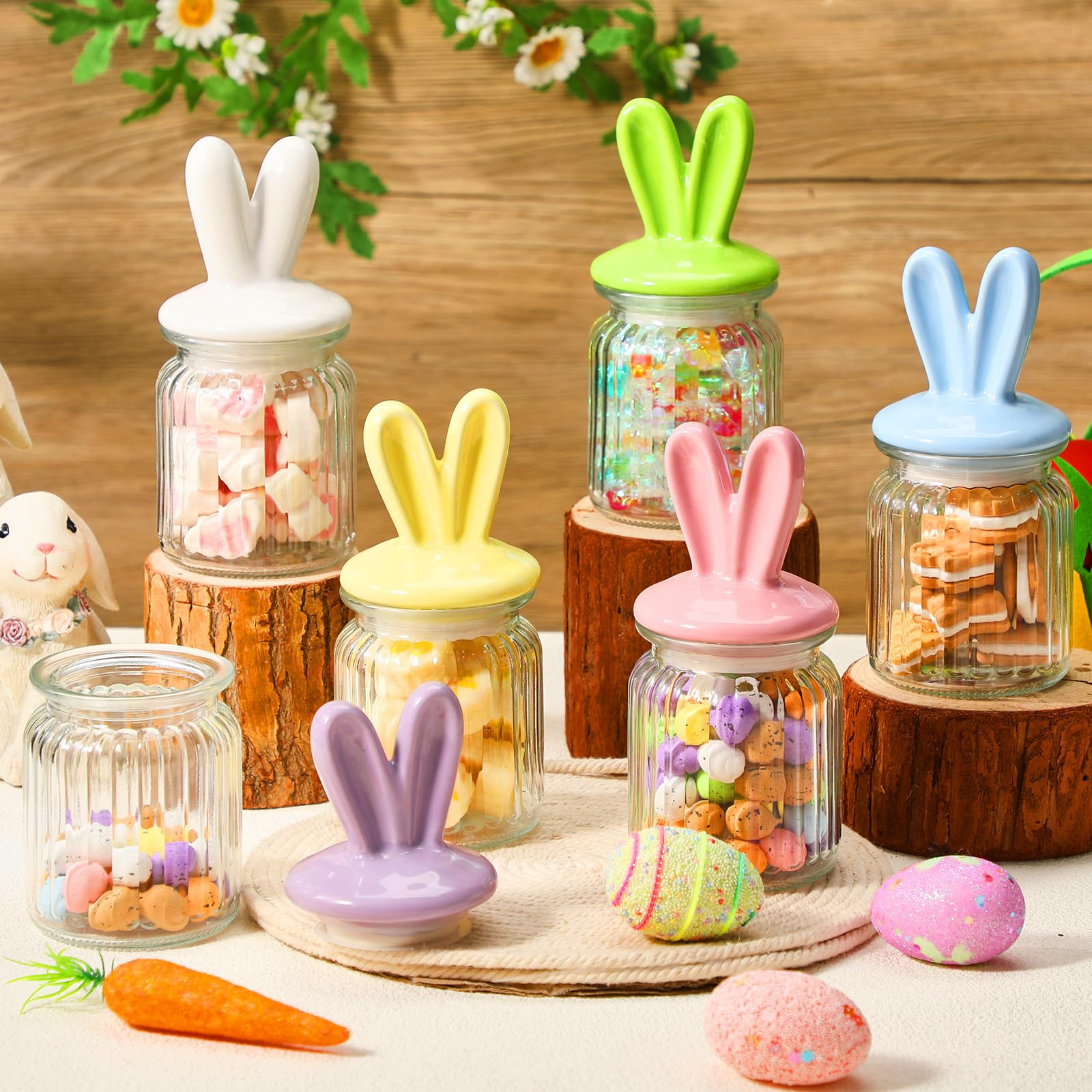6 Pcs Easter Glass Jar with Bunny Ear Lid Bunny Candy Cookie Jar with 100 Easter Colored Egg Rabb... | Amazon (US)