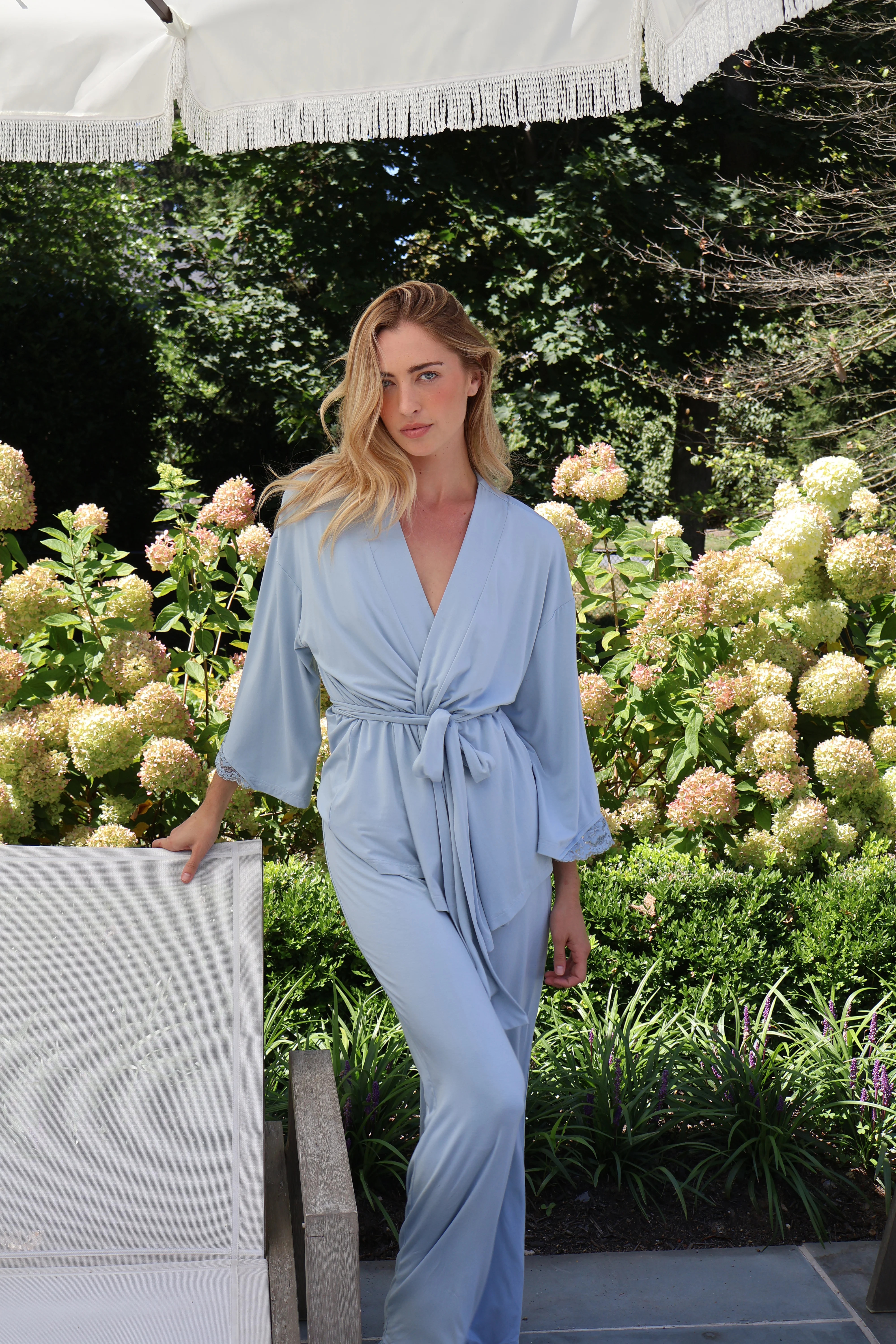 Riley Kimono Bamboo Pajama Set in Dusty Blue | waverles