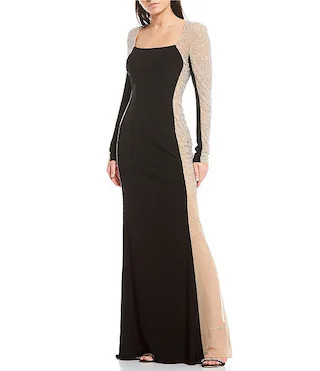 Xscape Caviar Beaded Mesh Panel Long Sleeve Contrast Matte Jersey Square Neck Sheath Gown | Dilla... | Dillard's