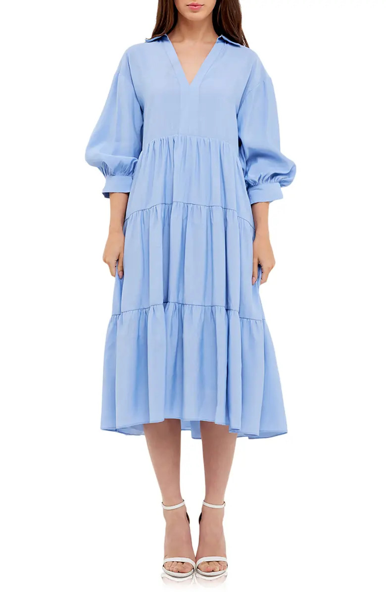 Balloon Sleeve Tiered Midi Dress | Nordstrom