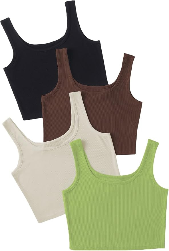 SheIn Women's 4 Pieces Scoop Neck Sleeveless Ribbed Knit Casual Tank Crop Top | Amazon (US)