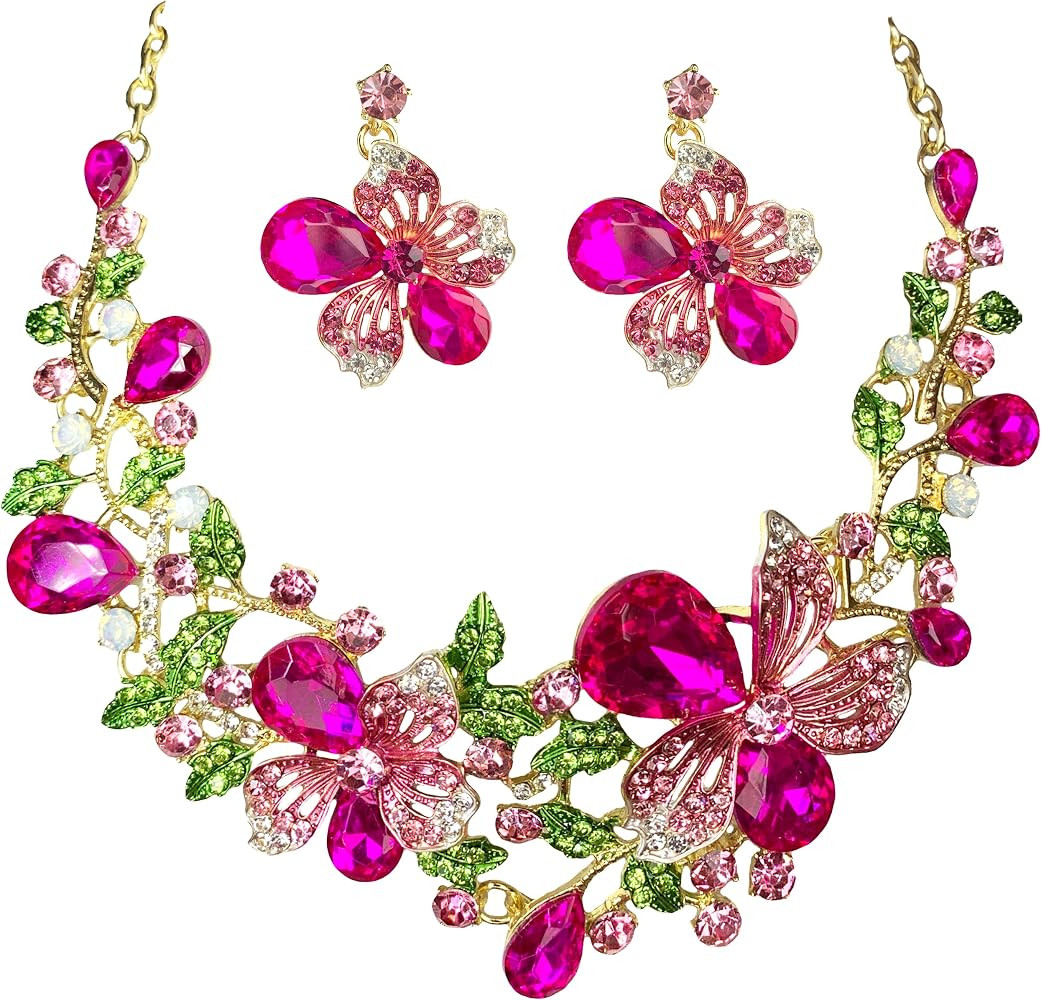 Crystal Flower Bib Statement Necklace Set Chunky Diamond Flower Statement Necklace & Earrings Dra... | Amazon (US)