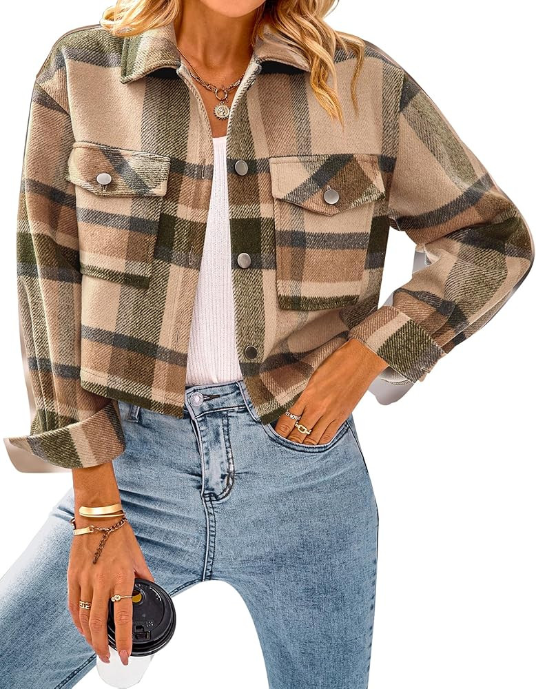 CFLONGE 2023 Fall Clothes Shacket Jackets Womens Lapel Button Down Cropped Coat Outwear Flannel P... | Amazon (US)