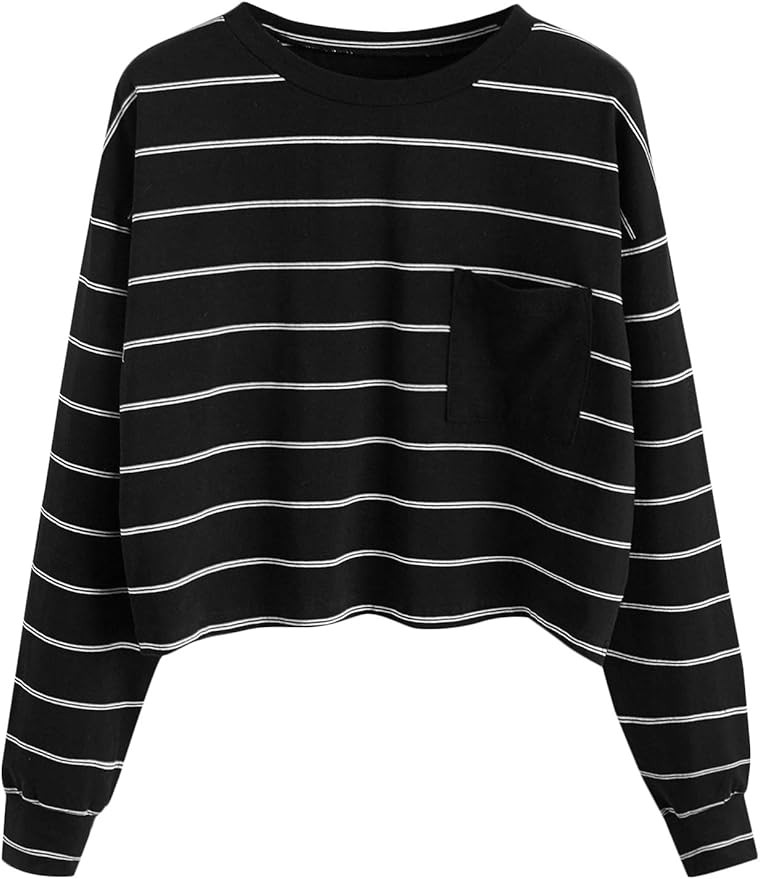 SweatyRocks Women's Casual Long Sleeve Striped Cropped T-Shirt Casual Crop Tee Top | Amazon (US)