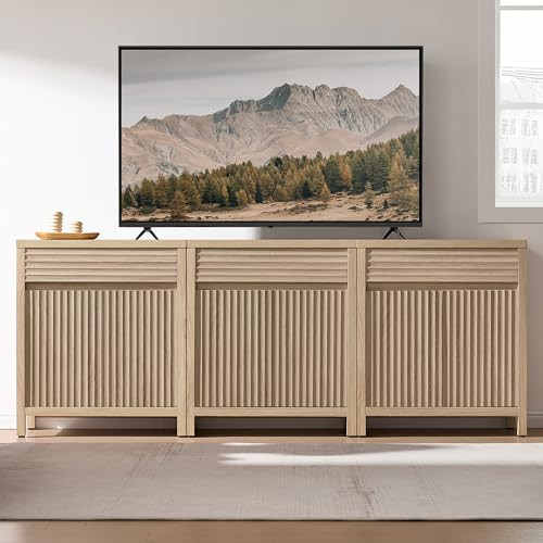 SICOTAS Sideboard Buffet Cabinet with Drawer - 87" Fluted Sideboard Modern Credenza with Doors & Adjustable Shelves, Farmhouse Coffee Bar Media Console for Living Room Kitchen Entryway, Light Oak | Amazon (US)