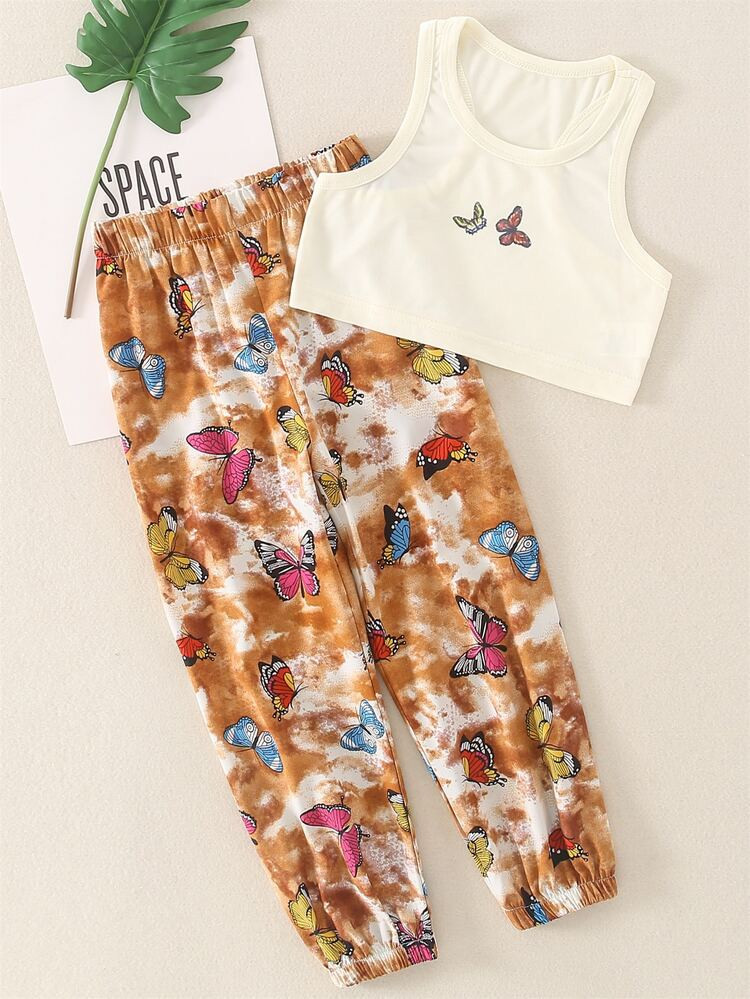 Toddler Girls Butterfly Print Tank Top & Tie Dye Pants | SHEIN